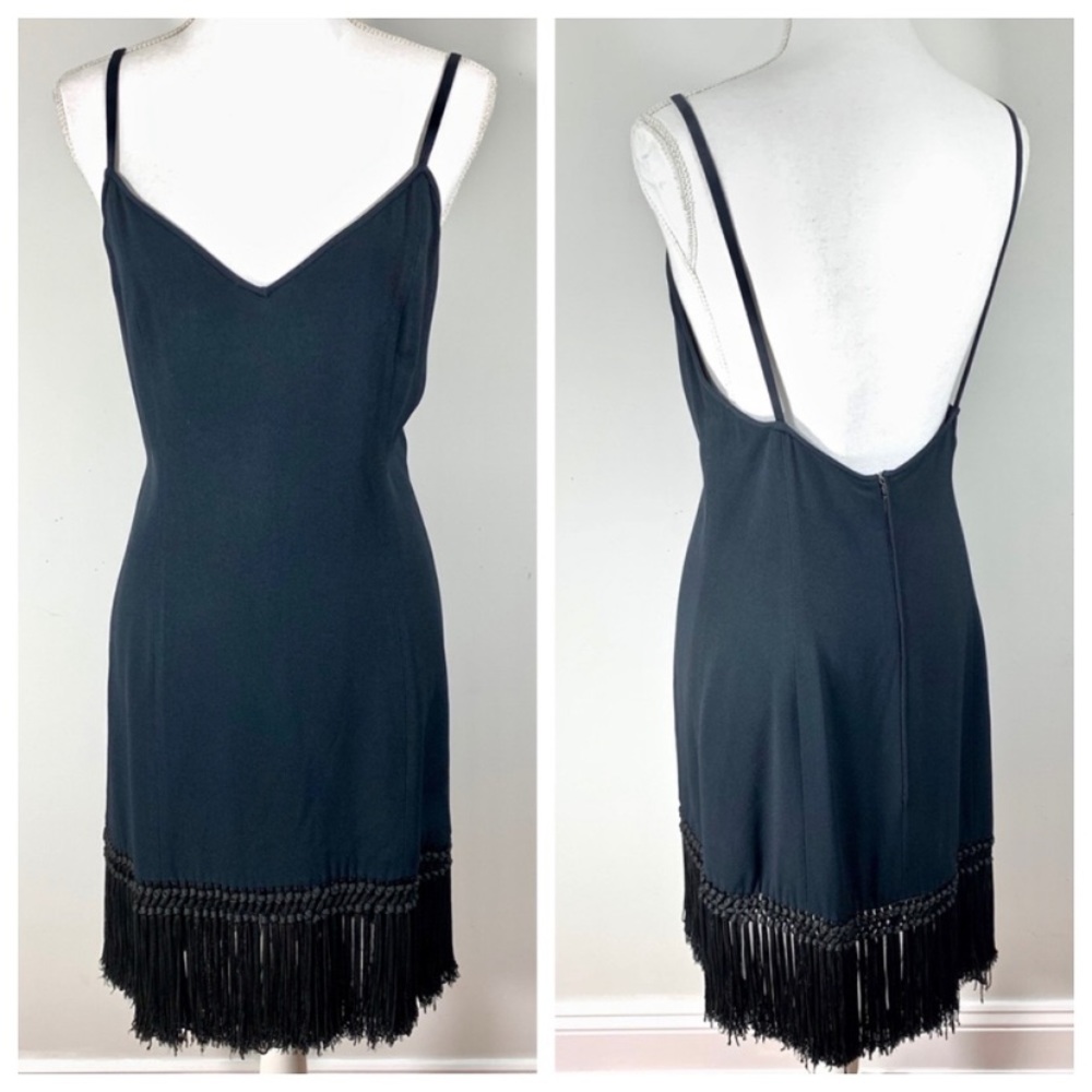 Vintage 80s Valentino Navy Dress black fringe
